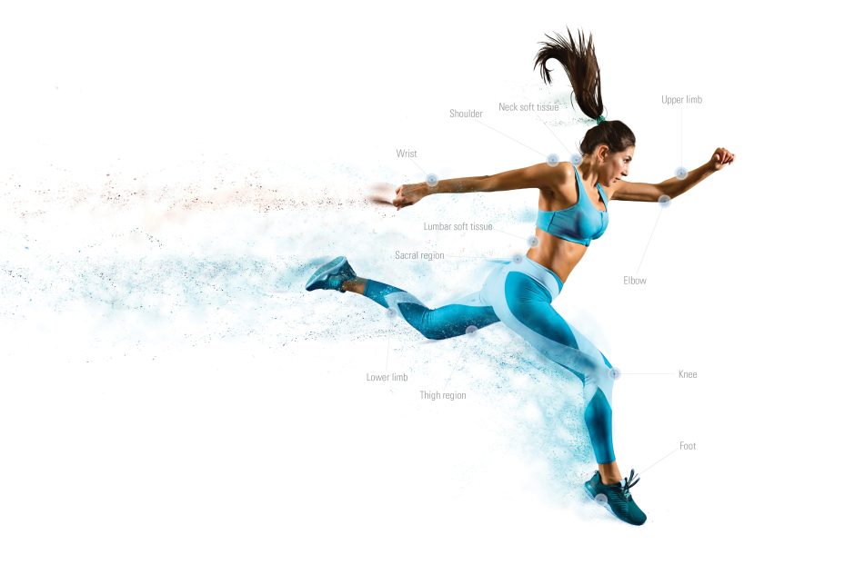 Diagram showing common musculoskeletal treatment areas for focused shockwave therapy including shoulder, elbow, lumbar region, knee, and foot.