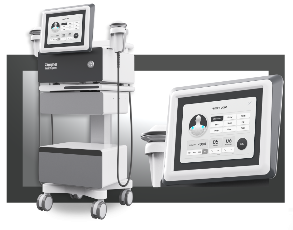 DualWave FX focused shockwave therapy device by Zimmer MedizinSystems with touchscreen interface and dual handpiece applicators on mobile cart.