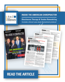 A to Z News feature highlighting Dr. Davis McAlister’s article on radial extracorporeal shockwave therapy and tendon rehabilitation in The American Chiropractor magazine.