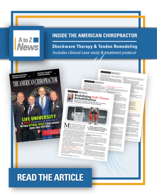 A to Z News feature highlighting Dr. Davis McAlister’s article on radial extracorporeal shockwave therapy and tendon rehabilitation in The American Chiropractor magazine.