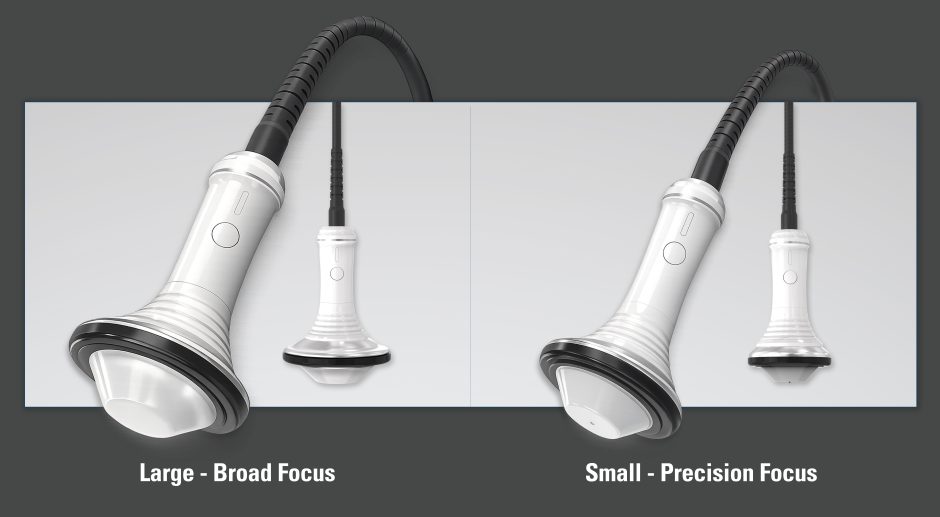 DualWave FX piezoelectric focused shockwave therapy applicators with large broad focus and small precision focus options for anatomical targeting