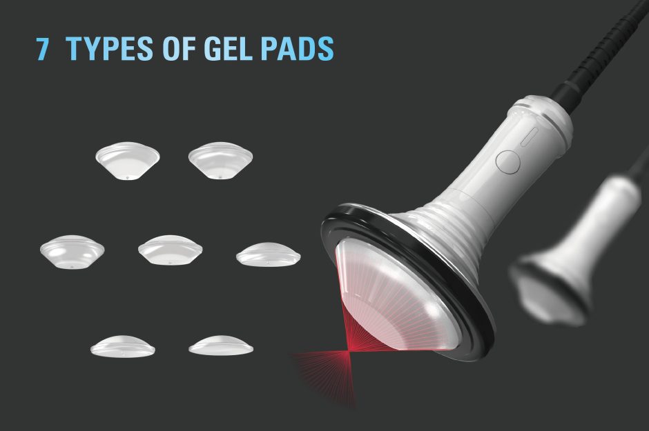DualWave FX focused shockwave therapy applicator with interchangeable gel pads used to adjust focal depth for different musculoskeletal treatment targets.