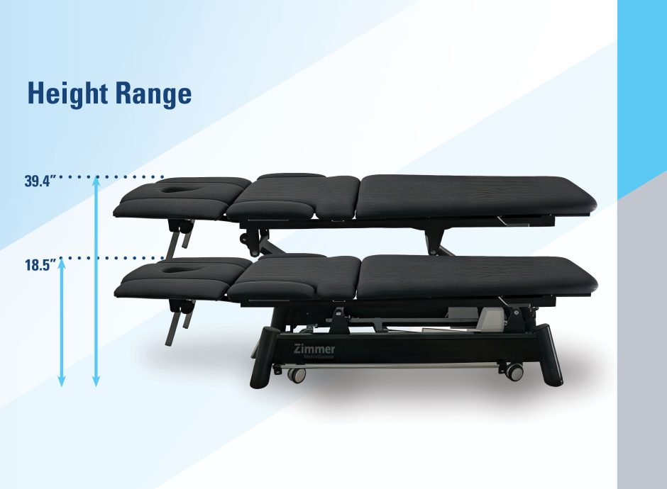 Z Ultimate treatment table height range showing electric adjustment from 18.5 to 39.4 inches