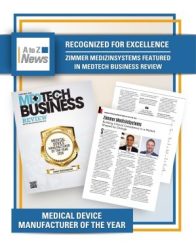 Zimmer MedizinSystems named exclusive “Medical Device Manufacturer of the Year 2026” by MedTech Business Review, with featured magazine article pages.