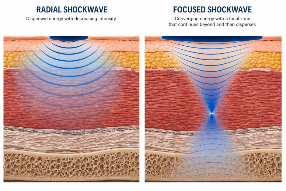 Radial vs focused shockwave therapy energy distribution comparison