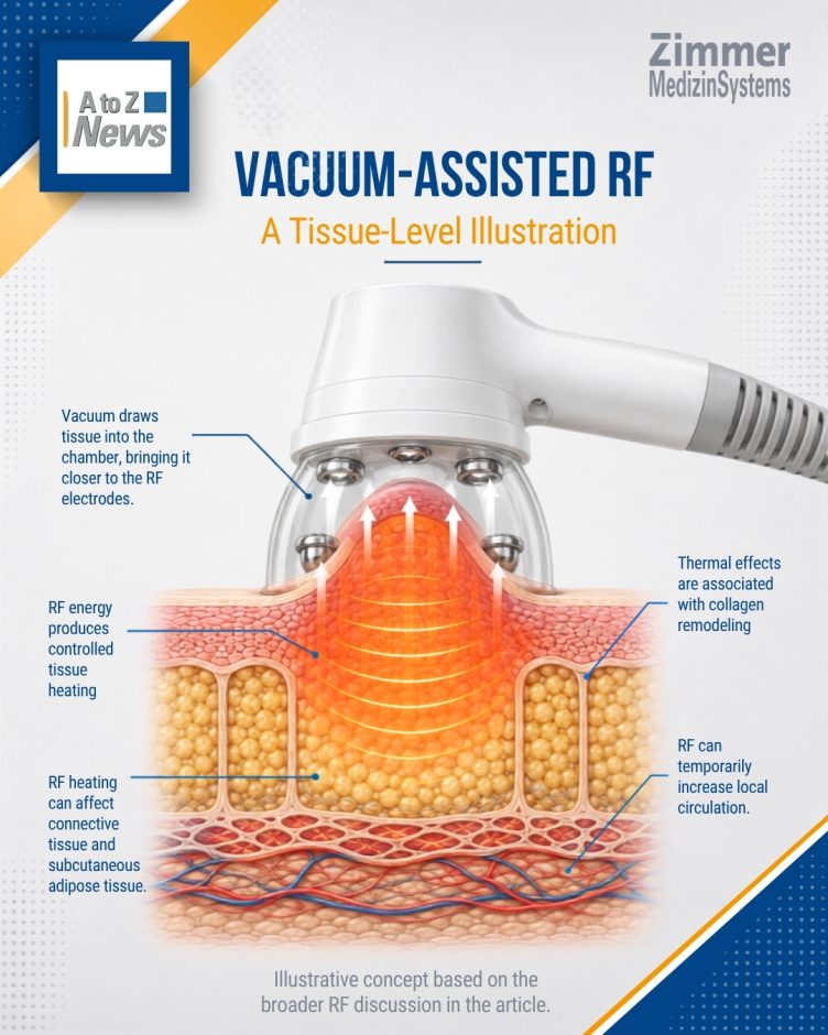 Vacuum-assisted radiofrequency illustration showing tissue drawn toward RF electrodes with controlled heating through skin and subcutaneous tissue.